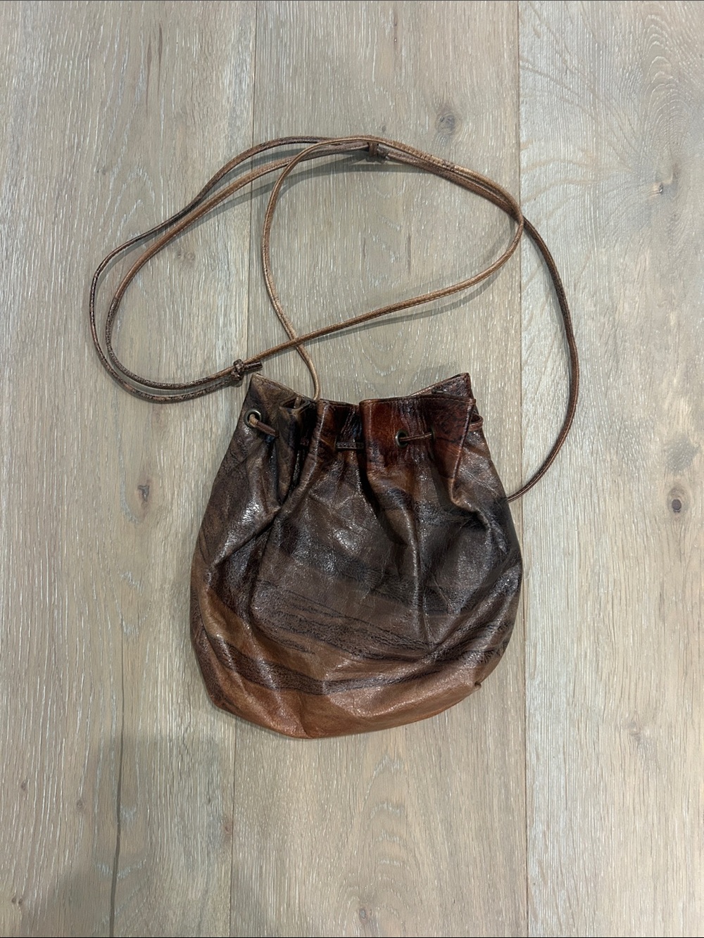 Rustic Brown Leather Drawstring Crossbody Bag